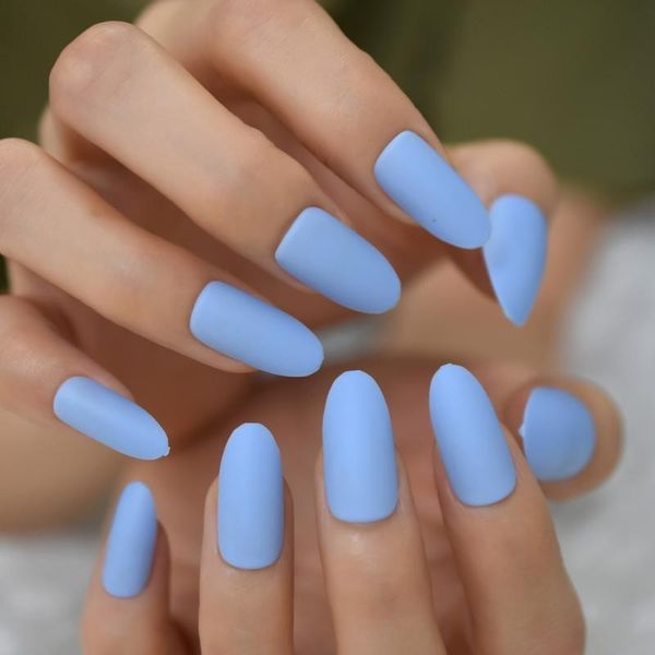 

matte sky blue press on nails summber medium long oval shape sculpted nails abs material full cover fantasy tips 24, Red;gold