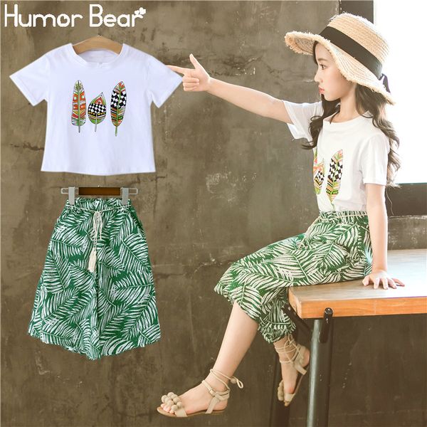 

humor bear summer new fashion girls clothes printed short sleeve t-shirt shorts 2pcs children girls clothing suit 4-14y, White
