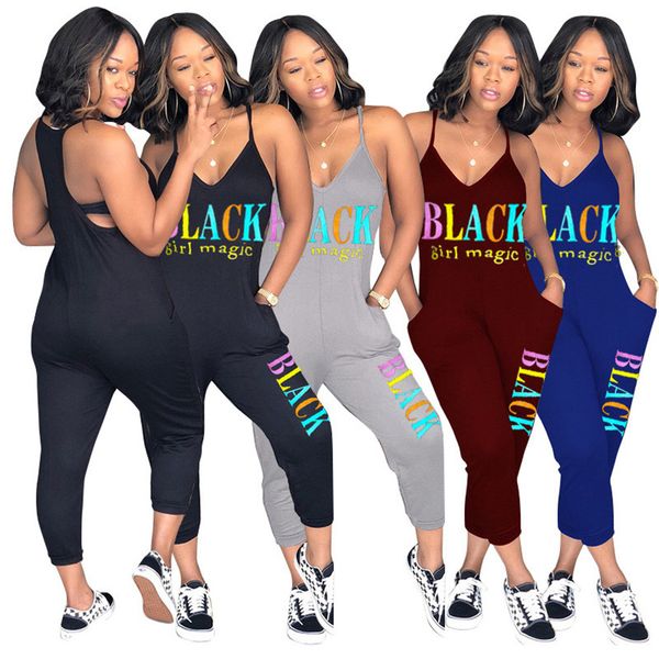 

women spaghetti strap jumpsuit letter rompers casual sleeveless bodysuit fashion summer clothing pocket skinny one piece pants 3127, Black;white