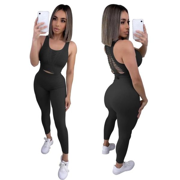 

women bodycon set summer tank +pencil pants suit female 2 piece outfits hollow out tracksuit women two piece sets sweatsuit, White