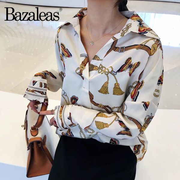 

bazaleas 2019 casual fashion blusa feminina turn down collar womens and blouses vintage geometric blouse long sleeve blusas, White