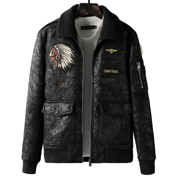 

aboorun men's winter leather jacket vintage embroidery thicken fleece moto biker pu leather jacket for male r3003, Black