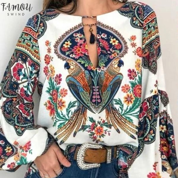 

s 5xl женская богемная одежда блузка рубашка винтаж цветочный принт топы женские блузки blusa feminina плюс размер, White