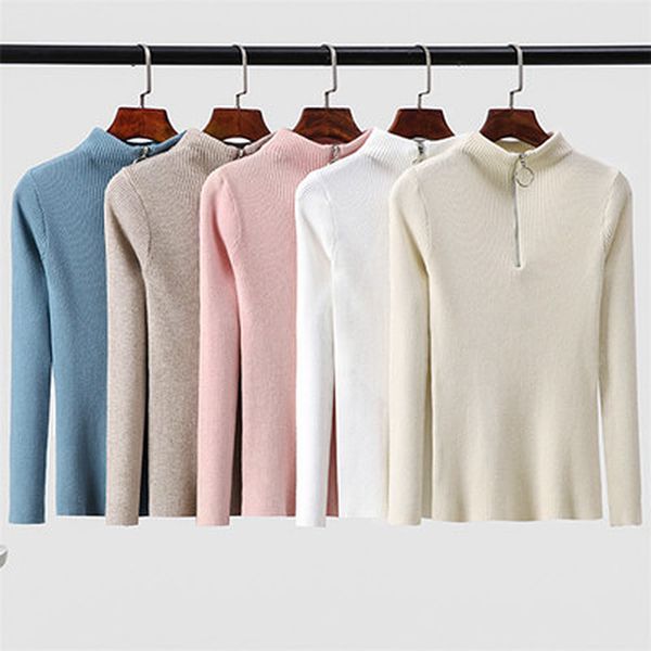 

new casual zipper sweater women turtleneck solid spring autumn female knitted sweater pullovers long sleeve chic soft jumper top, White;black