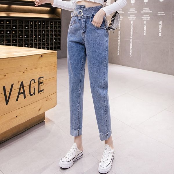 

2020 early autumn new womens high waist irregular jeans loose slimming nine points old dad pants harem pants fashion, Blue