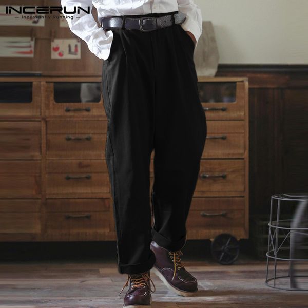 

incerun men solid color japanese harajuku straight pants baggy casual trousers comfort joker joggers mens cargo pants streetwear, Black