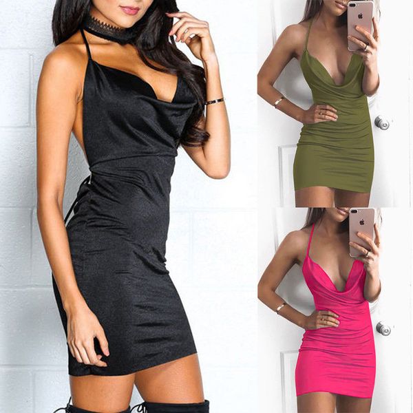 

trendy v-neck backless solid casual evening polyester short mini pencil dresses women dress sleeveless bodycon one pieces, Black;gray