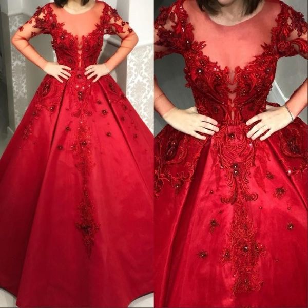 

2020 new arabic dark red ball gown quinceanera dresses sheer neck lace appliques long sleeves tulle sweep train party prom evening gowns, Blue;red