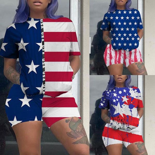 

women's american flag print round neck suit two piece set casual fashion short sleeve t-shirt + shorts tracksuit female, White;black