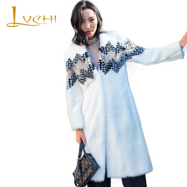 

lvchi winter 2019 import white print mink coat women's o-neck real fur coat full sleeve full pelt causal loss long mink coats, Black