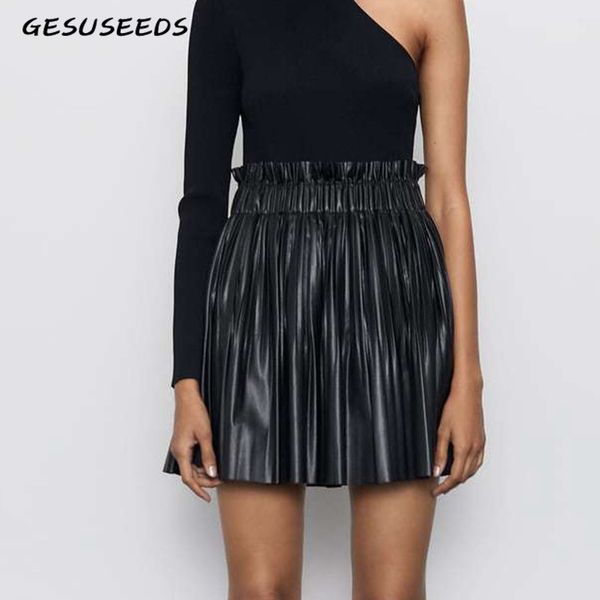 

autumn pleated skirts mini faux leather skirt women elegant elastic high waist skirts women korean leather skirts black