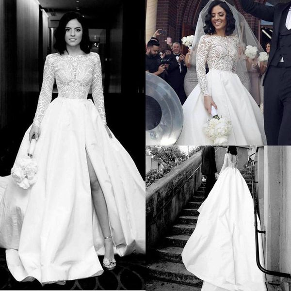 

plus size wedding dresses with long sleeve jewel neck lace stain puffy skirt slit garden wedding gown robes de mariee, White