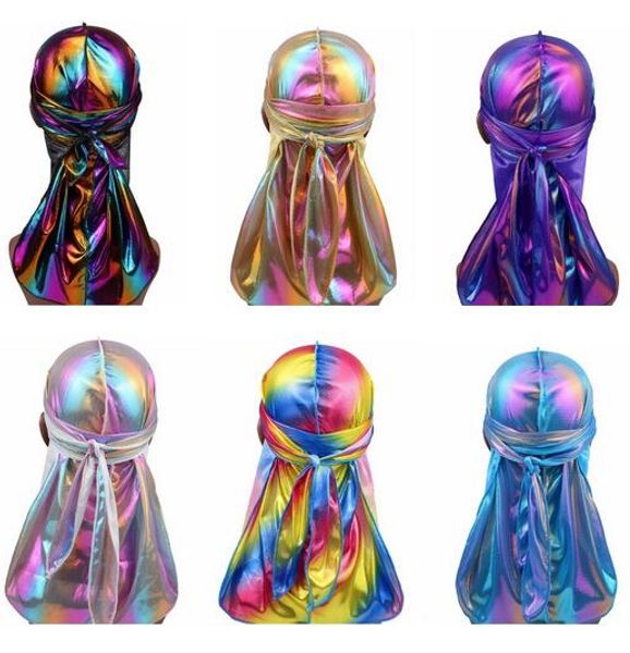 

new colorful sparkly durags turban bandanas men's shiny silky durag headwear headbands hair cover accessories wave caps rags hat, Blue;gray