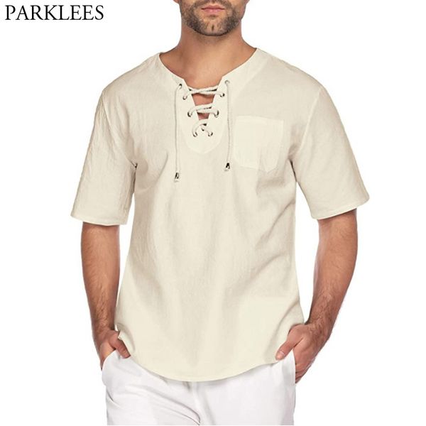 

summer short sleeve linen shirts men fashion lace up casual beach shirts mens lightweight breathable blouse chemise homme, White;black