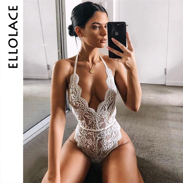 

ellolace flower embroidery bodysuit women halter deep-v rompers backless transparent bodys overalls bodycon lady overalls, Black;white