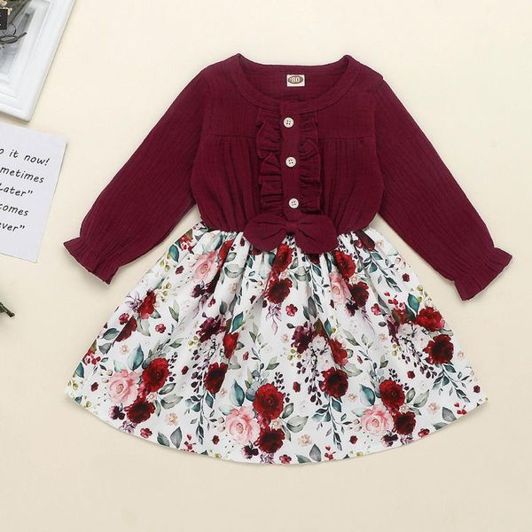 

toddler kids baby girls floral print dress spring girls causal ruffle party princess dress long sleeve clothes outfits vestidos, Red;yellow