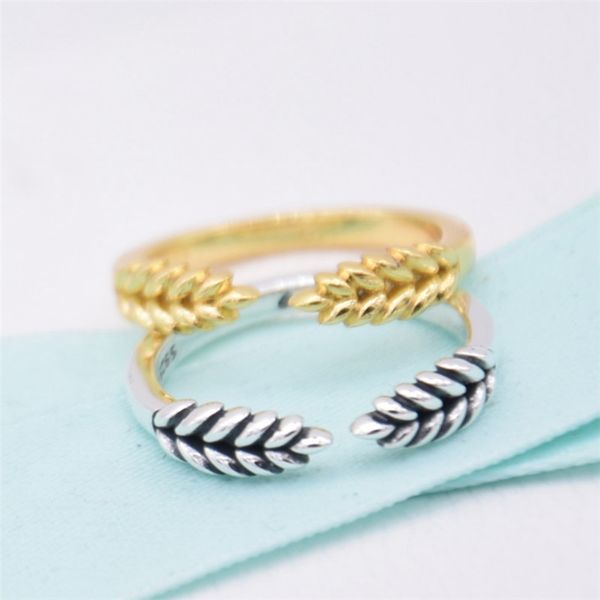 

wholesale-stylish and smart wheat ear ring for pandora 925 sterling silver plated 18k gold open grain ring ladies jewelry with original box, Slivery;golden