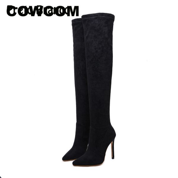 

cowcom 2019 european american high-heeled pointed boots new year's boots knee high long thigh high jxq, Black