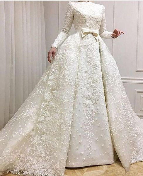 

2019 long sleeve mermaid lace muslim wedding dresses appliques plus size bridal wedding gowns with detachable train vestido de novia, White