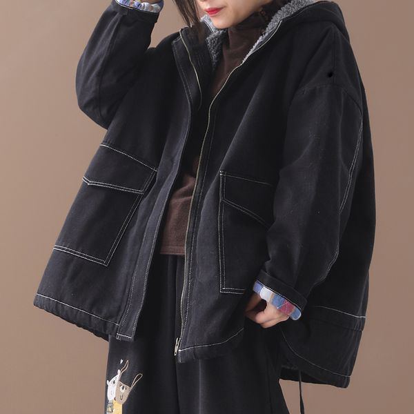 

female new winter korean style plus size jacket literary hooded outerwear open-line crimped with velvet loose denim coat, Black