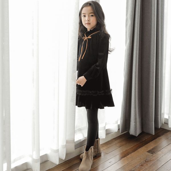 

autumn and winter korean-style cuhk girls dress solid color lace-up bow big virgin girls velvet dress 63, Red;yellow