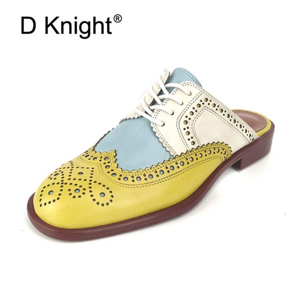 

2020 summer slides women's shoes carved round toe flats heel brogues mules shallow mouth color block oxford shoes slippers women, Black