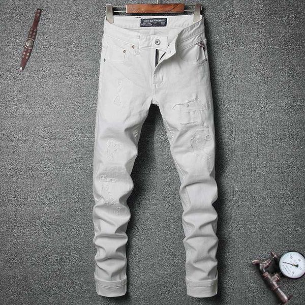 

italian vintage fashion men jeans white slim fit elastic ripped jeans men punk pants streetwear hip hop pencil pants, Blue