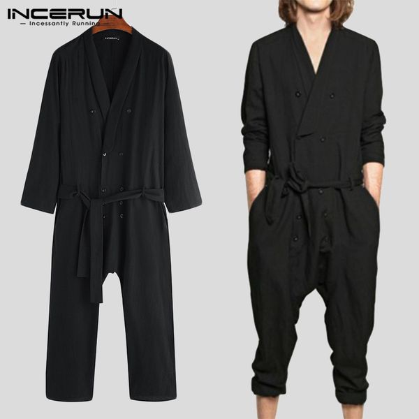 

men's pants incerun fashion men jumpsuit solid long sleeve button v neck overalls casual streetwear cotton rompers with belt s-5xl, Black