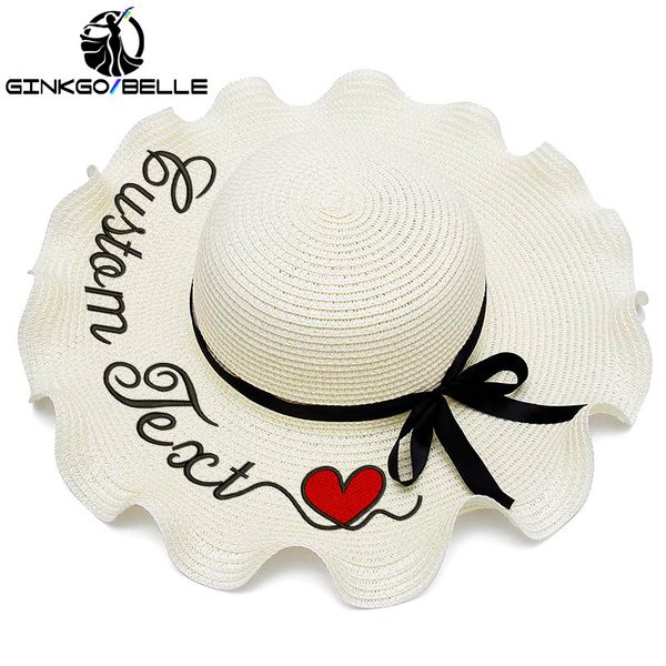 

personalized custom name text logo women beach hat sun hat lace ribbon bow wavy large brim straw outdoor sun summer cap, Blue;gray
