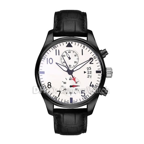 

wholesale mens watches 43mm pvd black case leather strap mechanical automatic movement watch white blue grey dial sports luxury mens watches, Slivery;brown