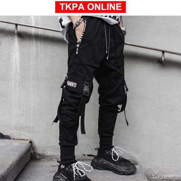 

ribbon streetwear cargo pants 2020 men hip hop joggers pants black sweat casual trousers overalls men track