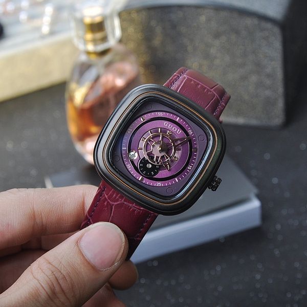 

fashion personality unique 41mm purple square seconds dial ladies watch leather strap calendar retro quartz women's watch reloj, Slivery;brown