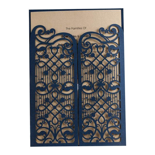 

1pcs fold gate navy blue elegant laser cut wedding invitations, birthday invitation cards for bridal shower quinceanera party
