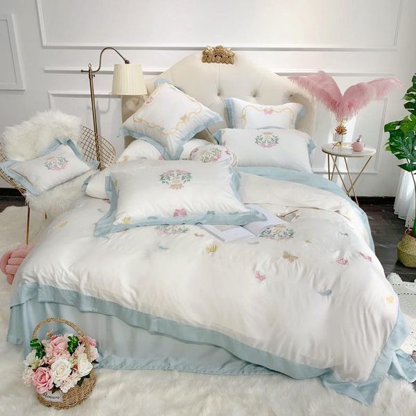 

сладкие бабочки вышивка ultra soft tencel шелковые girls bed set  king размер простыня пододеяльник подушка шамс 4 / 7pieces