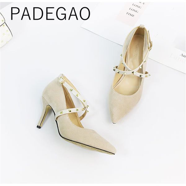 

spring autumn rivet luxury designer high heels casual cross pointed toe women flock female shoes, Black