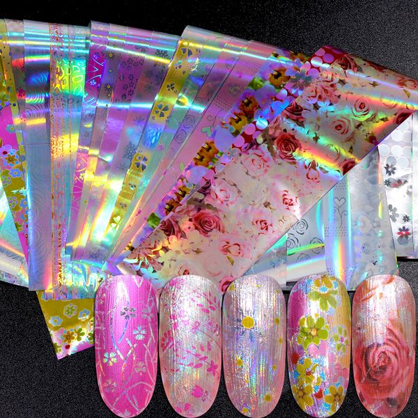 

16pcs/set holographic flowers mix nail foils nail art transfer stickers laser colorful wraps manicure polish decorations tr746, Black