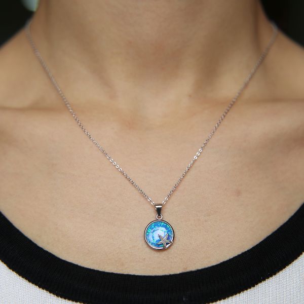 Großhandels-Opal-Edelstein 2018 Sommer-Strand-Schmuck Seestern graviert einzigartiges neues Design 925 Sterling Silber geometrische Halskette