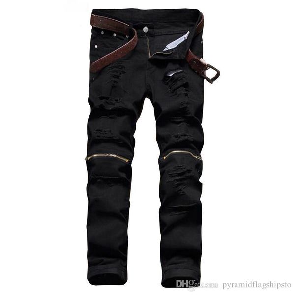 

мода мужские черный рваные джинсы штаны до колен молнии тонкий fit проблемные жан брюки straight разрушенное torn denim joggers мужчина, Blue