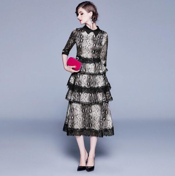 

autumn new lapel seven-point sleeves leopard print lace stitching lace ruffle cake skirt, Black;gray