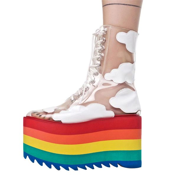 

us4-11 womens platform rainbow colors wedge high heel clear transparent cloud ankle boots lace up shoes cosplay new c, Black