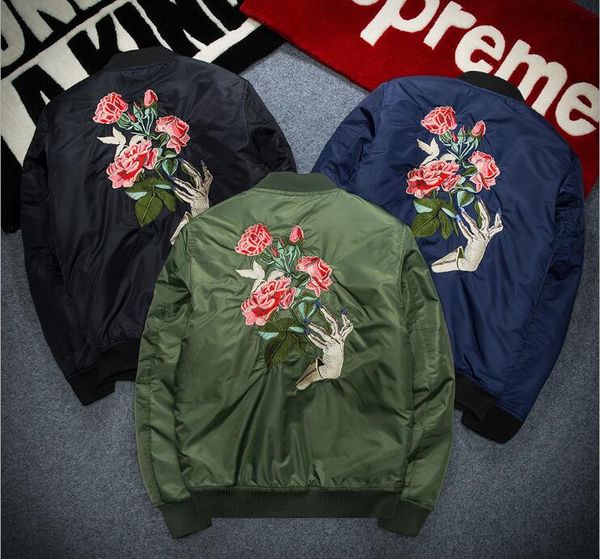 

2018 новая осень ma1 bomber jacket мужчины хлопок мягкий роуз ручной вышивки повседневная с длинным рукавом черный пилот куртка мужской высо, Black;brown