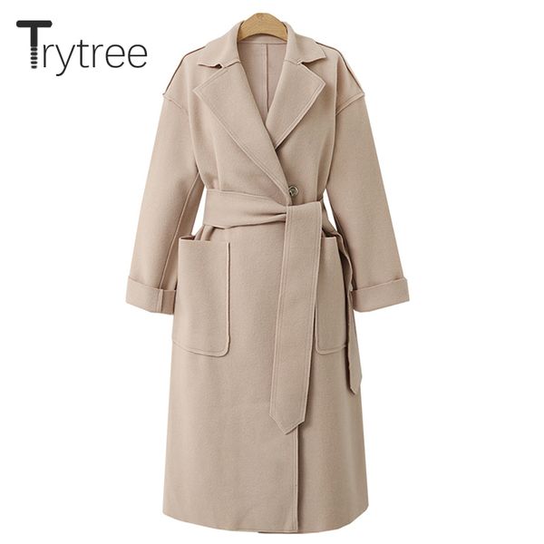 

trytree 2019 autumn winter women casual solid coat turn-down collar pockets double breasted belt office lady cloak long coats, Black