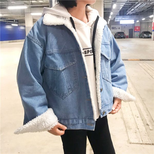 

6602 p shoot autumn and winter lambs wool large pocket jeans coat women's 2019 new style winter loose-fit brushed and thick, Blue;black