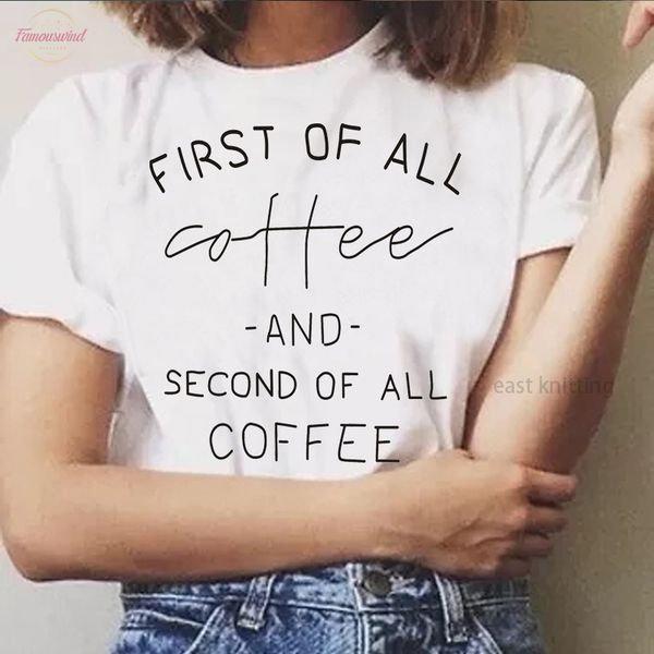 

women's fashion casual t-shirts first of all coffee loose round neck short sleeve drop shipping, White