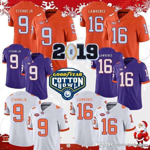 

clemson tigers 16 trevor lawrence 9 travis etienne jr. football jersey championship patch watson cotton bowl white purple orange renfrow des, Black;red