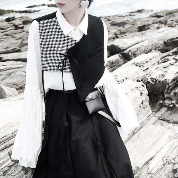 

womengaga 2019 autumn fashion structure system plover grid patchwork irregular clipping bandage type vest woman zx332, Black;white