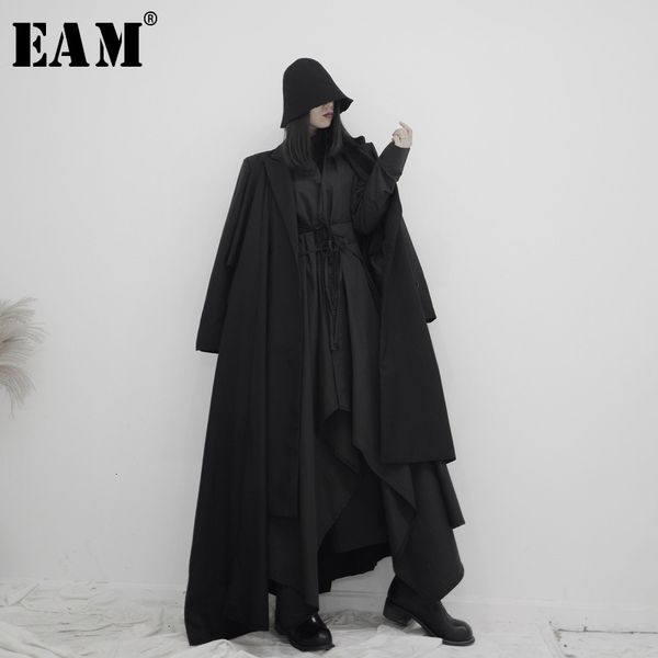 

eam] women asymmetrical split long trench new lapel long sleeve loose fit windbreaker fashion tide autumn winter 2019 19a-a605, Tan;black