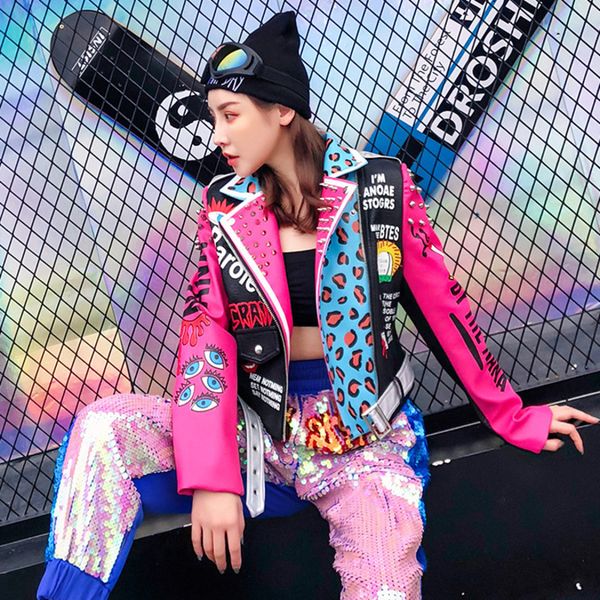 

custom style] розовый леопард 2019 осень заклепки письмо печати короткие женщины pu кожаная куртка z493, Black