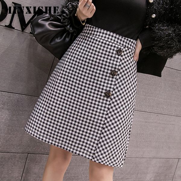 

skirts womens skirt 2021 tartan high waist spring office button wrap midi vintage plaid faldas korean checkered ladies, Black