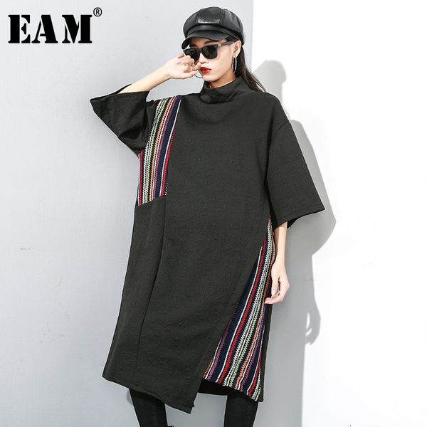 

eam] women striped asymmetrical dress new high collar three-quarter sleeve loose fit fashion tide spring autumn 2019 19a-a789, Black;gray